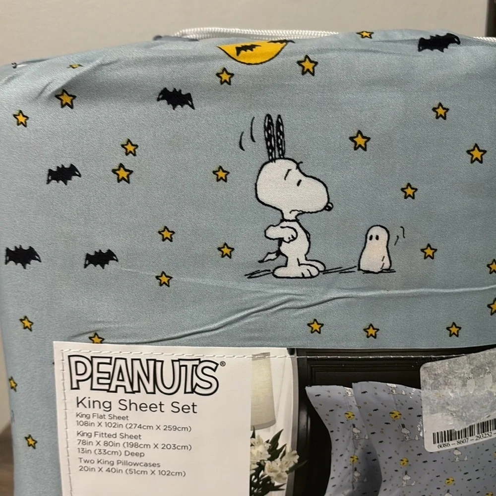 NEW! Peanuts SNOOPY GHOSTS & BATS LT BLUE KING SIZE HALLOWEEN SHEET SET